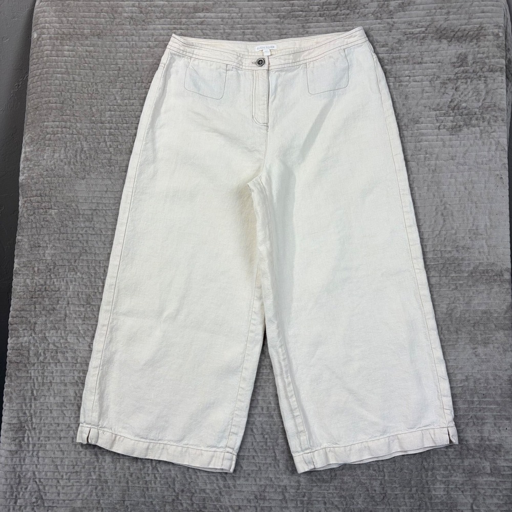 Eileen Fisher Organic Linen Wide Leg Crop Pants Cream Off White Size 10 S18HLH
